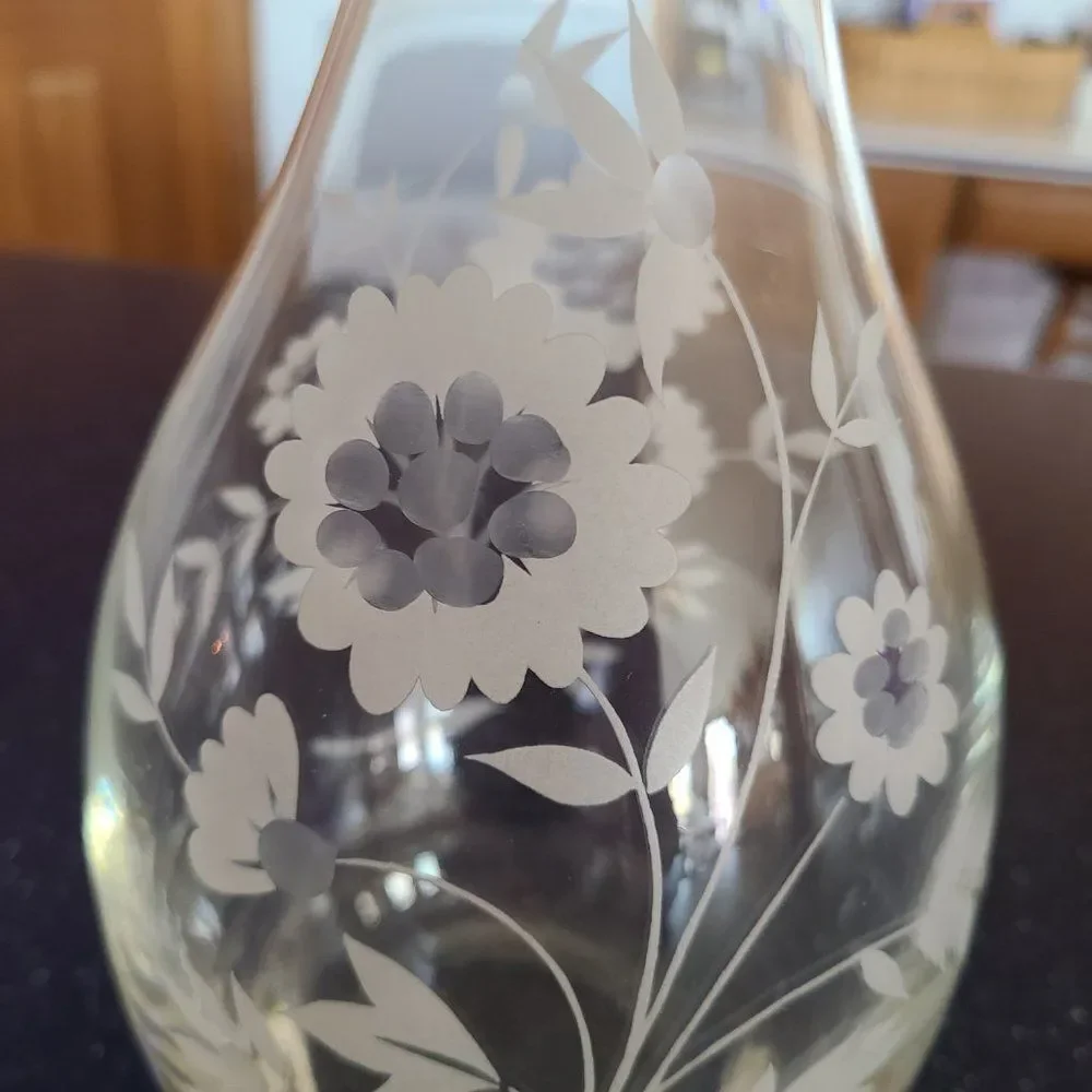 Javit Crystal Wine Decanter Made In Turkey Etched Floral Glass Barware